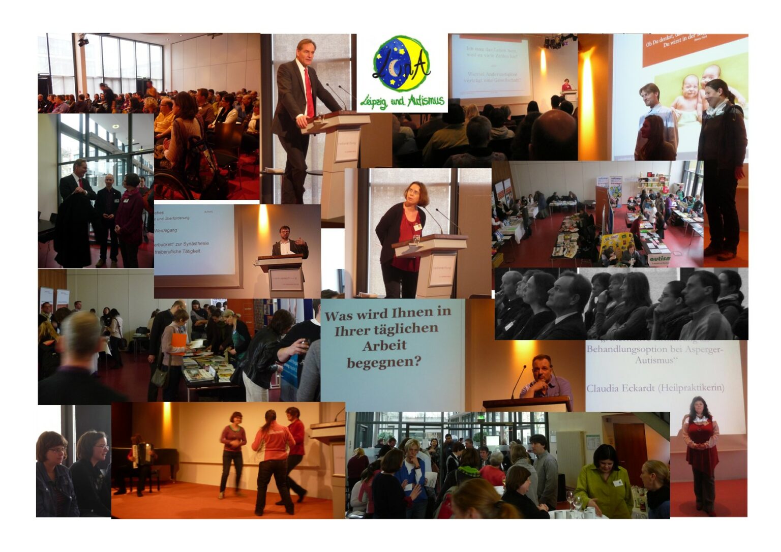 Collage aus Bildern des 1. Leipziger Autismustages 2013. Diese zeitgt Bilder von Rednern, dem Publikum und Tagungsveranstaltungen.