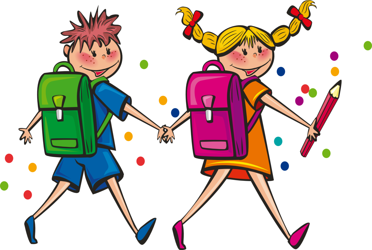 Die Illustration im Querformat zeigt zwei Kinder mit Schulranzen Hand in Hand. Sie scheinen vom Vordergrund in den Hintergrund zu laufen und drehen ihre Gesichter zur Betrachterin. Der Junge hat rotbraune Haare und trägt ein blaues Shirt, blaue Shorts, blaue Schuhe und einen grünen Ranzen. Das Mädchen hat zwei blonde Zöpfe mit roten Schleifen, trägt ein orangefarbenes kurzärmeliges Kleid mit gelbem Saum. Sie trägt einen magentafarbenen Ranzen und in der rechten Hand einen etwa armlangen roten Bleistift. Im Hintergrund sind ein paar diffus verteilte bunte Punkte zu sehen.