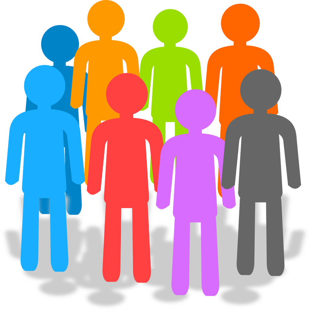Grafik einer Gruppe von Menschen, die alle eine andere Farbe haben. Diese stehen in 2 reihen hintereinander.