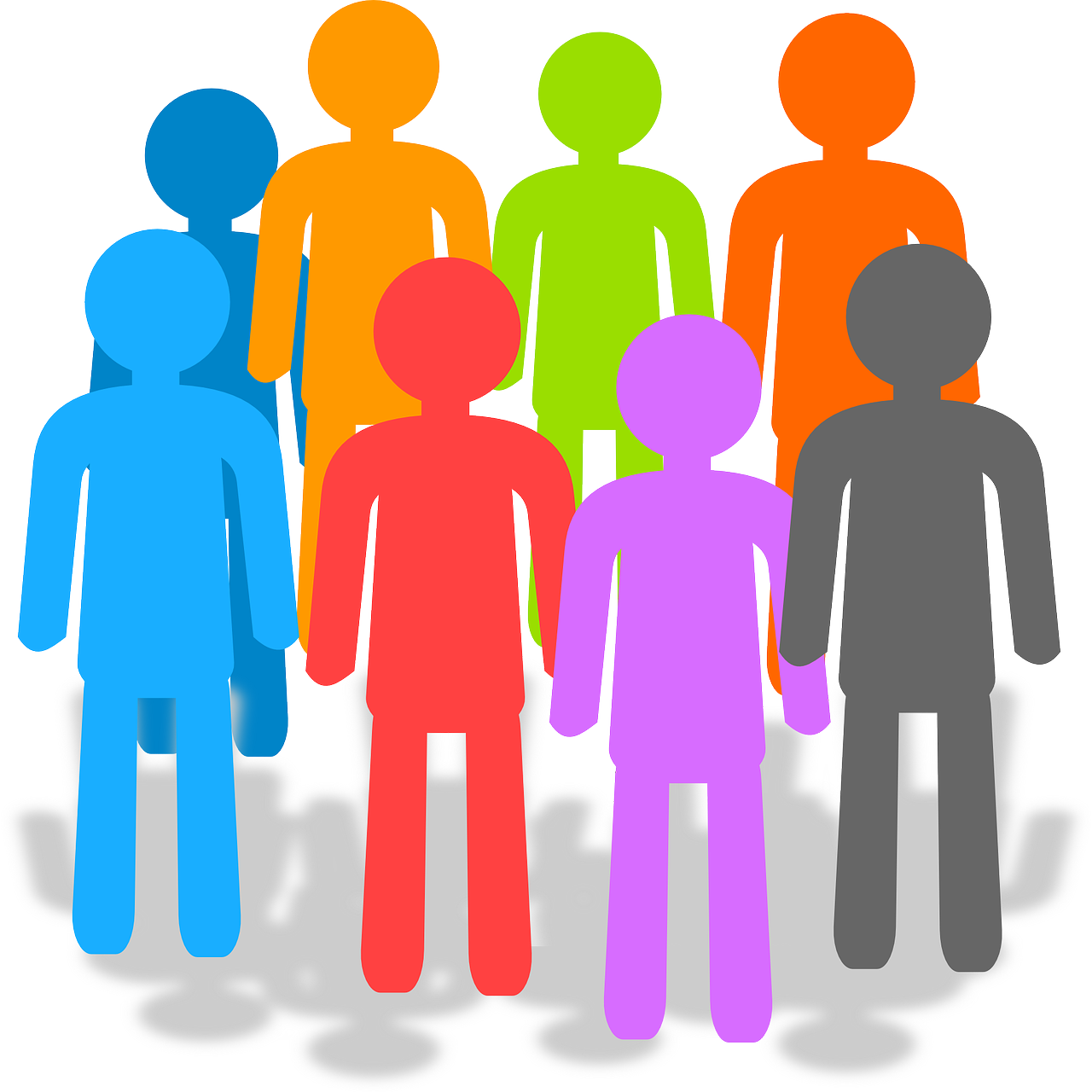 Grafik einer Gruppe von Menschen, die alle eine andere Farbe haben. Diese stehen in 2 reihen hintereinander.
