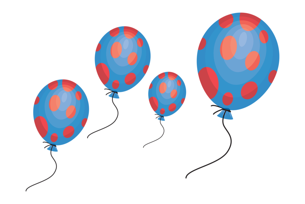Die Illustration von von Mudassar Iqbal auf Pixabay zeigt vier blaue Luftballons mit roten Punkten, bzw. Ellipsen in verschiedenen Ebenen des Bildes. Die Ballons sind leicht nach rechts geneigt, als ob sie von einem Wind von links angetrieben werden. Auch die Stricke der Ballons sind im Wind gekrümmt.