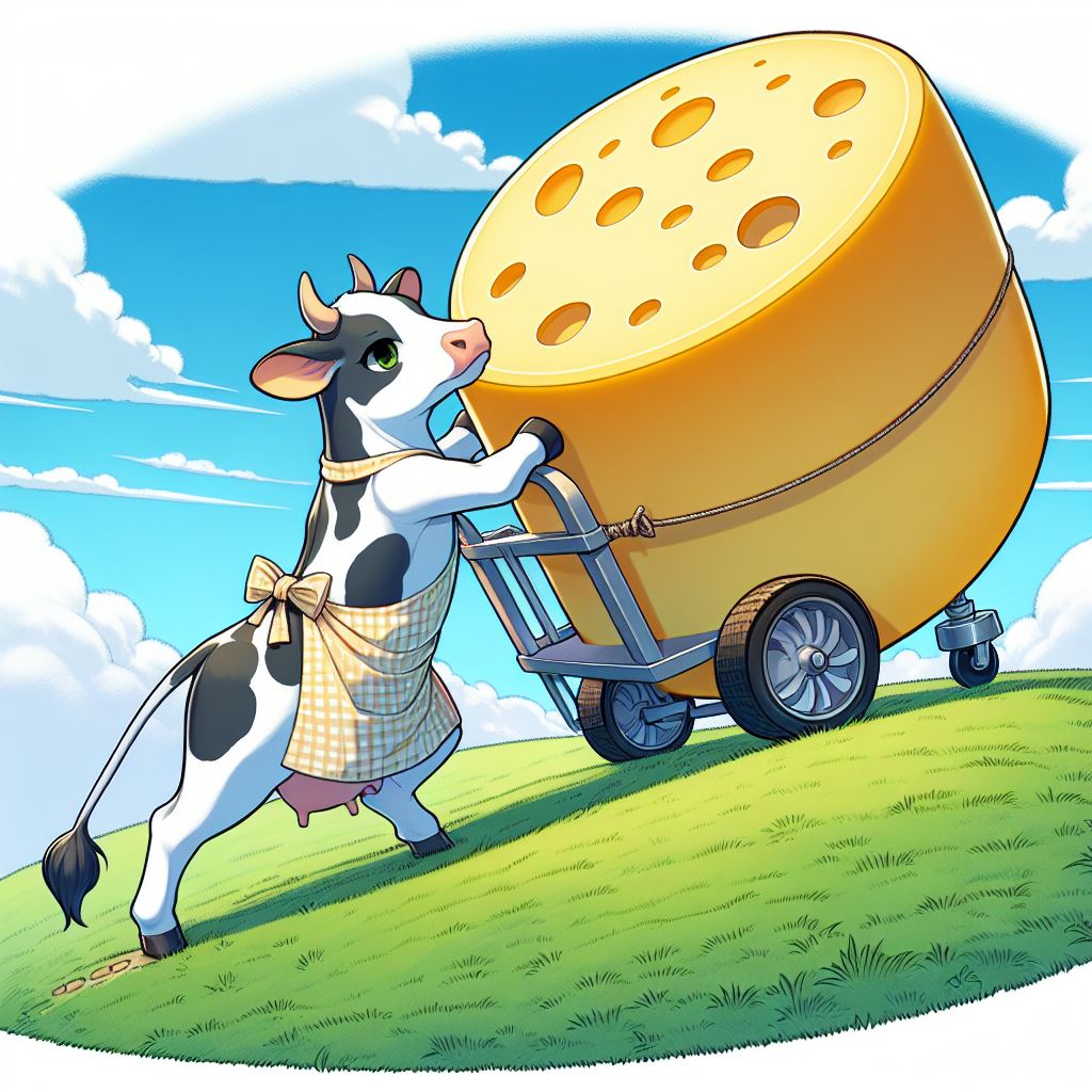 Eine Holsteiner Kuh mit einer Schürze rollt auf den Hinterbeinen stehend ein großes Käserad einen Berg rauf.